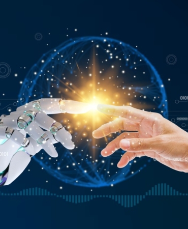 artificial-intelligence-ai-robot-finger-making-contact-with-human-hand